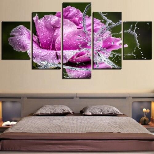 5 Pieces Pink Flowers Canvas Painting Water Drops Posters Plants Pictures Romantic Wallpapers For Home Decor Artwork Frame