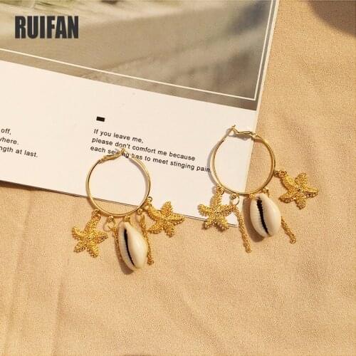 Ruifan Big Circle Natural Shell Gold Color Hoop Earrings for Women Female Big Earring Fashion Statement Summer Jewelry YEA307
