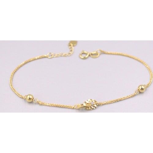 Pure 18K Yellow Gold Bracelet Two Circles Glossy Beads Link Wheat Chain Adjustable Bracelet Woman Gift 2.6g / 7.5inch Au750