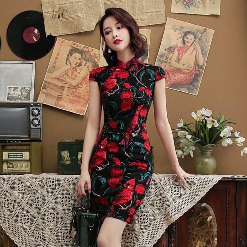 Black Red Nightingale Chinese Cheongsam Dress Stretch Cotton and Linen Plus Size Chipao Sexy Traditional Vintage Qipao