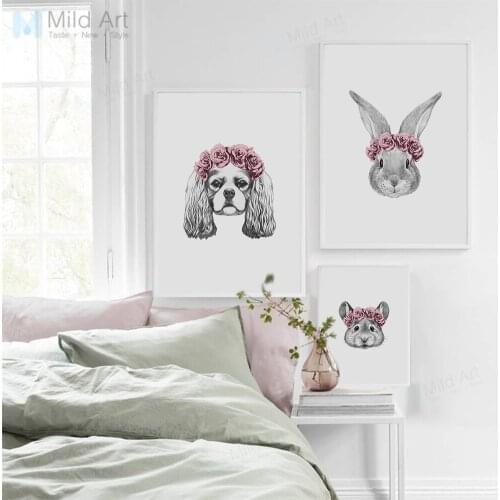 Rose Flowers Kawaii Animals Head Cat Rabbit Posters Prints Nordic Style Girls Room Wall Art Pictures Home Decor Canvas Paintings