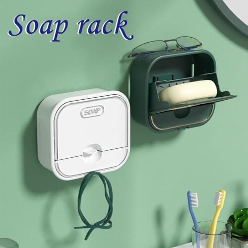 Soap Holder Box Flip to Open/Close Adhesive Splash Proof Soap Dish with Water Collector & Hanger for Bathroom & Kitchen TS2