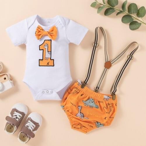 Infant Baby Boy Sets Cartoon Dinosaur Bowtie Romper Bodysuit Funny First Birthday Outfits Set Summer Fashion Baby Girl Clothes