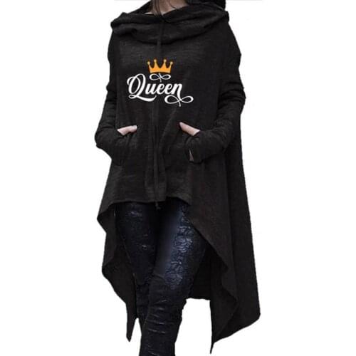 Queen Letters Print Long Irregular Hoodies For Women Sweatshirt Femmes Hoodies Kawaii Women Cotton Loose Sweatshirts