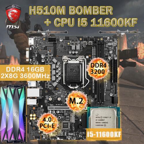 LGA 1200 MSI H510M BOMBER Motherboard + CPU Intel Core i5 11600KF+RAM DDR4 16Gb 3600MHz Set M.2 PCI-E 4.0 Placa-mãe Desktop H510