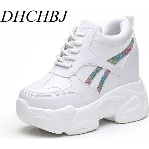 Women Sneakers PU Leather Casual Platform Trainers White Shoes 10CM Heels Autumn Wedges Breathable Woman Height Increasing Shoes