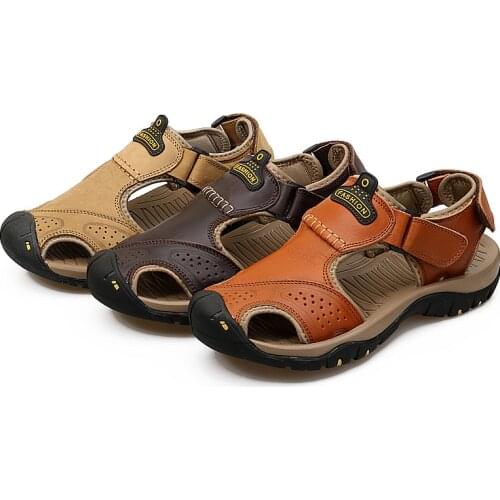 Summer Men Genuine Leather Sandals Outdoor Soft Comfortable SandalsFlip Flops Slippers Roman Beach Shoes Zapatillas Hombre