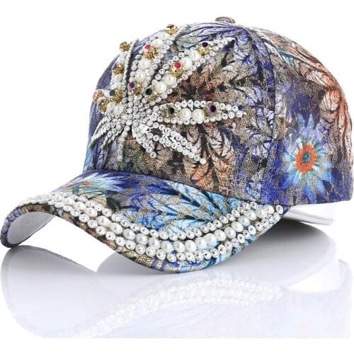 Summer Stylish Baseball Caps Women Adult Female Bling Bling Rhinestone Flashy Lace Pearl