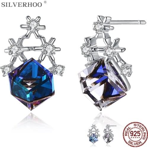 SILVERHOO Fashion Classic Earrings S925 Sterling Silver Christmas Snowflakes Colorful Stud Earrings New Square Austria Crystal