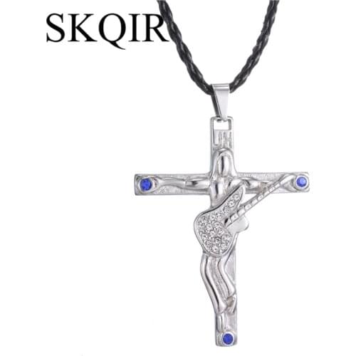 Clear Blue Zircon Johnny Hallyday Guitar Cross Necklace For Men Women Jewelry Leather Chain Kolye Christian Crucifix Gift