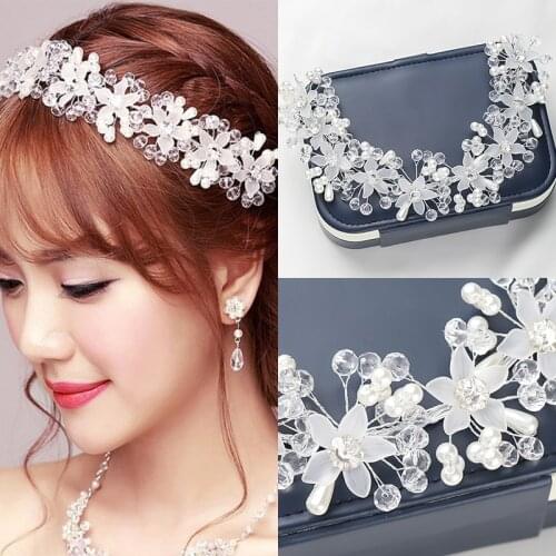 Glass Crystal White Flower Pearls Headbands Wedding Accessories hairbands for Bride Tiara Bridal Hair Jewelry Fashion