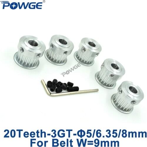 POWGE 5pcs 20 Teeth 3GT Timing Pulley Bore 5mm 6.35mm 8mm for width 9mm 3MGT 3GT Timing Belt Small backlash GT3 20Teeth 20T