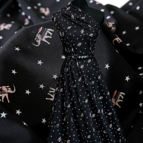 140CM Wide 14MM Stars and Elephant Print Black Silk Crepe de Chine Fabric for Dress Shirt Clothes Cheongsam Y019