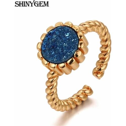 ShinyGem Vintage Classic Gold Rings Plating 24K Gold Inlaid 8mm Natural Crystal Druzy Stone Cabochon Adjustable Resizeable Rings
