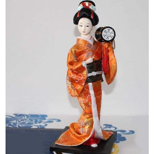 Traditional Japanese Standing Geisha Doll Model Decorate in Orange/Yellow/Floral Clothes