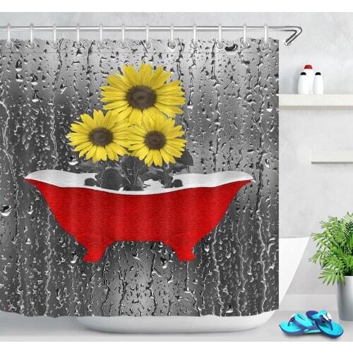 Yellow Sunflowers Bathtub Fabric Shower Curtain Sets with 12 Hooks Waterproof Polyester Modern Bathroom Curtain Home Decoration