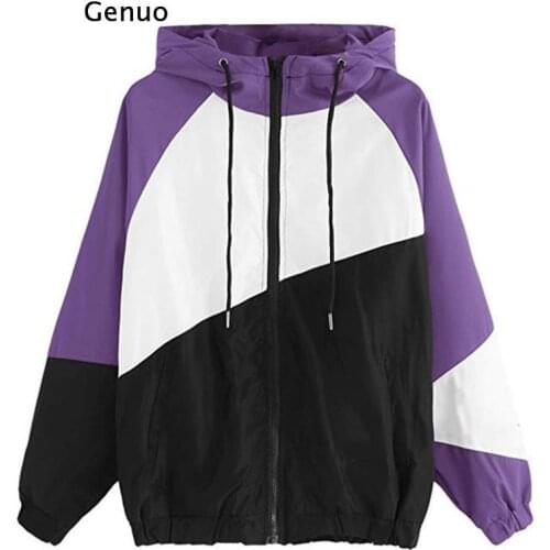 Women Hooded Jacket Summer Long Sleeve Patchwork Loose Windbreaker Lightweight Jacket Zipper