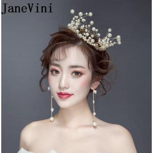 JaneVini Gold Pearl Headband Bride Round Tiaras Crowns Earrings Set Luxury Bridal Wedding Hair Jewelry Womens Accessoires 2019