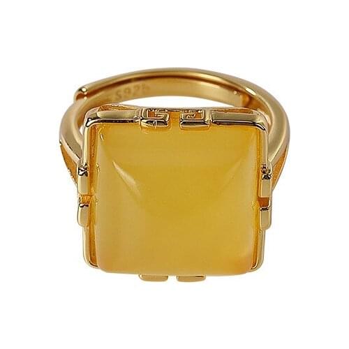 S925 sterling silver gold-plated natural amber ring personalized simple return square Womens Open ring