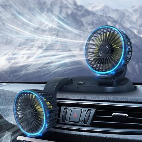 12V 24V Car Fan Double-head 360 Degree Adjustable Air Cooling Strong Wind Low Noise USB Charging Air Fan Car Accessories