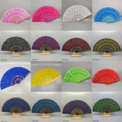 Art Folding Fan Wedding Party Peacock Tail Feather Crafts Print Chinese Style Home Decor Embroidery Carved Hand Fan