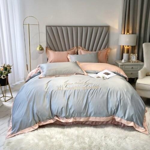 White Grey Pink Summer ice silk 4-piece embroidery silk quilt cover wholesale luxury naked sleep Bedding set Queen King Size4Pcs