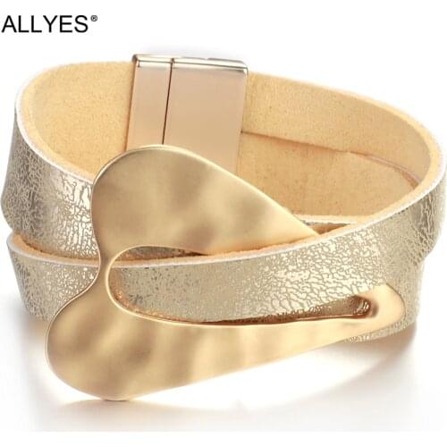 ALLYES Champagne gold Leather Bracelet for Women Fashion 2020 Magnetic buckle Heart Charm Wide Bracelets Female Jewelry