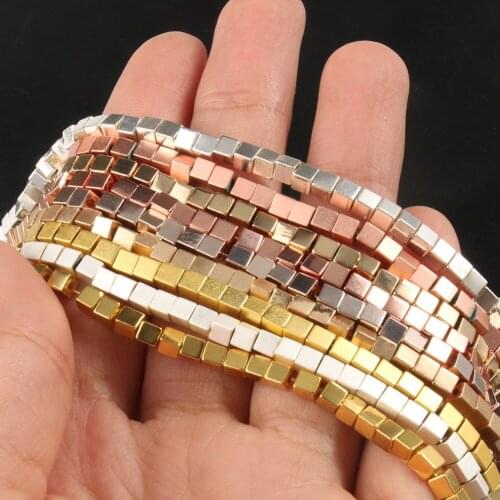 Square Stone Bead Matte 18K Rose Gold Silver Color Hematite Loose Beads for Jewelry Making Beadwork DIY Bracelet 15