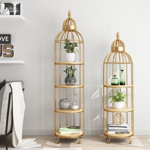 European creative bird cage wrought iron flower stand Cafe multi-layer solid wood partition display stand Living room floor rack