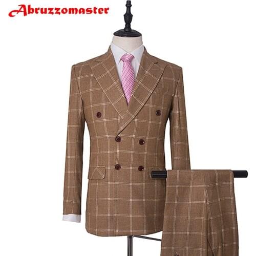 Hot Sale khaki Dinner Suit Double Breasted Wedding suit woolblend Blazer Plaid Suit 3Psc Groom Tuxedos (Jacket+pants)