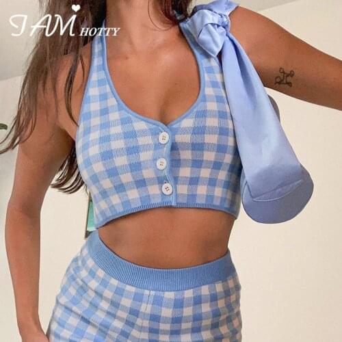 Plaid Knitted Halter Crop Top Women Cute Button Up Sleeveless Top y2k Aesthetic Sweater Vest Beach Camisole Sexy Corset Iamhotty