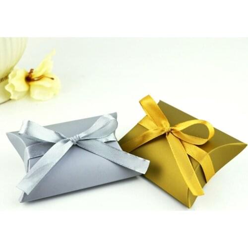 50pcs Kraft Paper Gift Candy Box Pillow With Ribbon DIY Kid Gift For Guests Wedding Favors Birthday Baby Shower Party Decoration