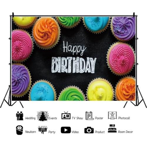Colorful Cupcakes Happy Birthday Portrait Photography Backdrop Decor Party Baby Shower Photo Background Studio Photocall Props