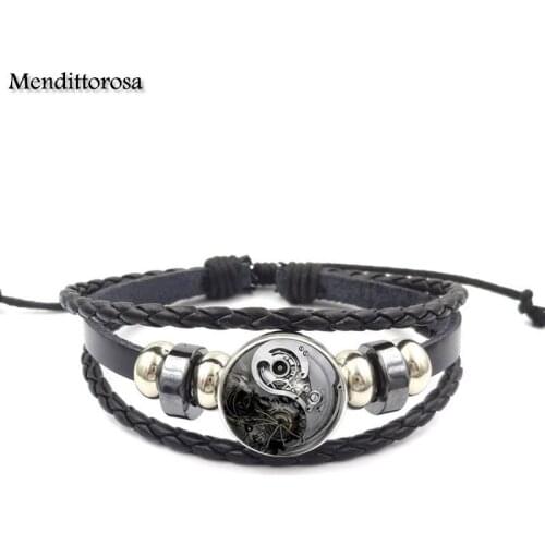 Mendittorosa Jewelry With Glass Cabochon Black Leather Bracelet Bangle For Women Ying Yang Taichi