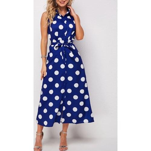 MISSJOY Women Dress Elegant Lapel Sleeveless Turn Down Collar Polka Dot Beach Dresses Party High Waist Sexy Long Swing Dress