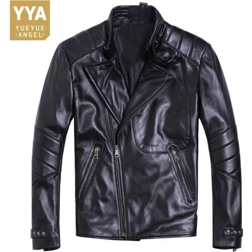 100% Sheepskin Genuine Leather Jacket Men Slim Fit Motorcycle Short Coat Brand Business Casual Black Outerwear Plus Size 5XL