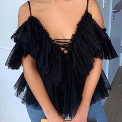 V Neck Strap Boho Mesh Blouse Shirt Women Ruffle Short Sleeve Elegant Peplum Tops Summer Lace Up Ladies Sexy Blusas 2021
