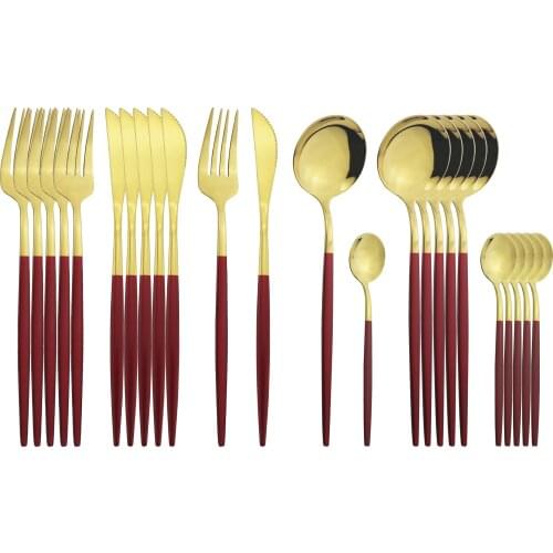 24Pcs/Set Red Gold Cutlery Set Stainless Steel Dinnerware Set Knives Fork Coffee Spoon Flatware Set Kitchen Dinner Tableware Set