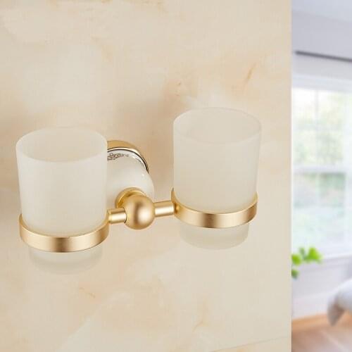 Bathroom wall mounted double rinse cup holder shelf, Antique aluminum double cup tumbler holder, Retro gold cup holders rack