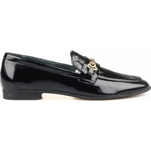 FootCourt- Genuine Leather Flats Women Black Patent Shoes New Arrivals Loafers Metal Decoration Casual Shoes Round Toe Slip On