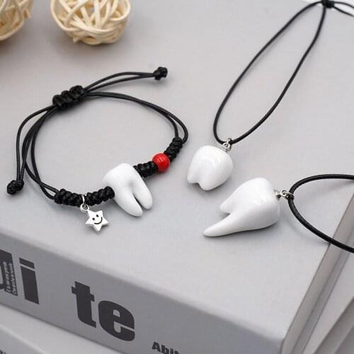 Tooth Shape Necklace Bracelet Couple Fashion Gift Tooth Gem Decoration Cartoon Ceramic Tooth Lovely For Women Men Dental Gifts