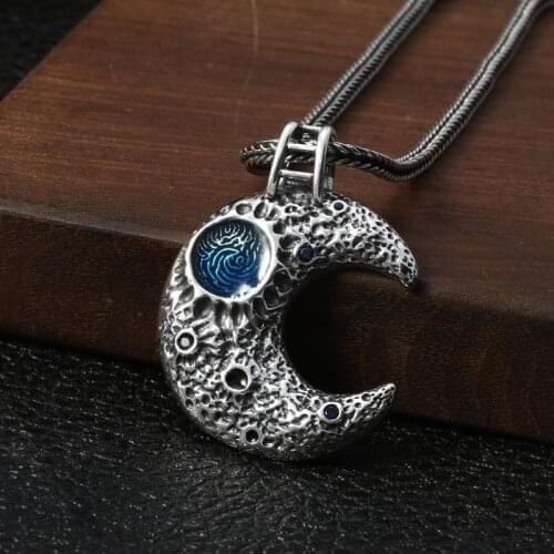 Emith Fla 925 Sterling Silver Necklace Pendant for Women And Men Fashion Jewelry Punk Vintage Universe Moon Pendant Silver Color