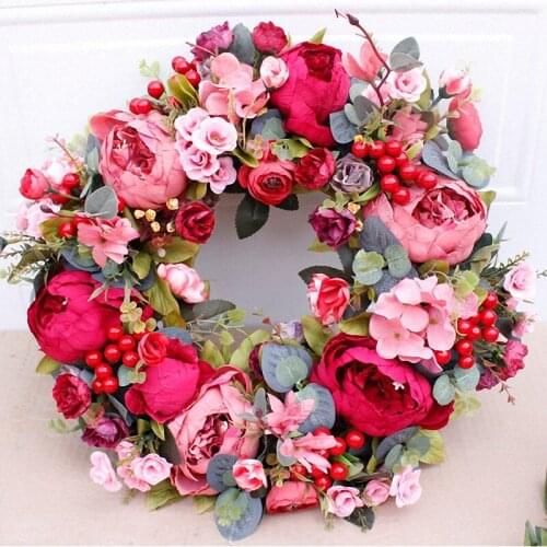 Hot Decorative Door Wreath Silk Flower Peony Head Flower Wreath 40cm Handmade Garland for Autumn Winter Outdoor Display Red