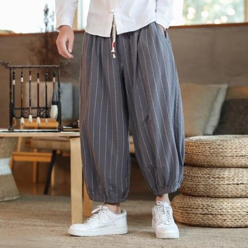 Chinese Style Plus Size Casual Loose Kimonos Trousers Men Linen Wide Leg Pants Summer Harajuku Striped Pants Streetwear KK3544