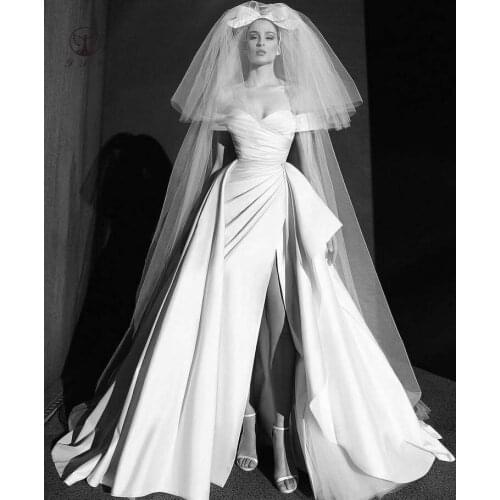 Simple but Elegant Off the Shoulder Sweetheart Pleated Short Sleeve Thigh Slit Wedding Dresses with Overskirt