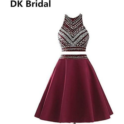 Real Sample Sequined Burgundy 2 Piece Short Prom Dresses Satin Knee Length Homecoming Dress Imported Sexy Party Gala Gown 2019