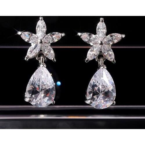 Huitan AAA Cubic Zirconia Drop Earring Women Romantic Flower Water Drop Charm Fashion Contracted Female Dangle Earring Fine Gift