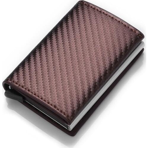 Bycobecy Carbon Fiber Smart Wallet Magnetic Single Box Crazy Horse Leather Men Automatic Aluminum Card Holder RFID Mini Purse