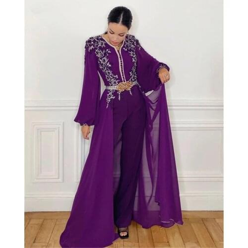 Grape Moroccan Caftan Rompers Evening Dresses Lace Long Sleeve Chiffon Arabic Dubai Caftan Special Occasion Dress Prom Gown