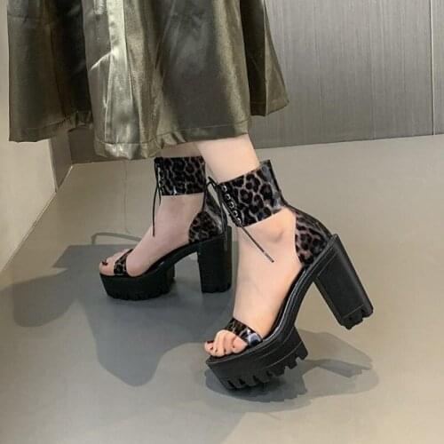 Thick Heels Platform Boot for Women Sandals Hollow Out Lace up Runway Famale Sandals PVC Casual Woman Leopard Print Summer Shoes